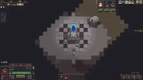 Dungeon Settlers early camp: settlers walking a barren-land settlement while walls go up